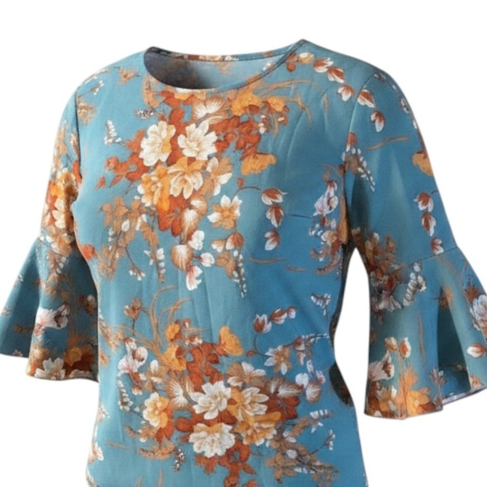 PLUS OXL SHEIN CURVE Blue Floral Print Short Sleeve Blouse Top Women's flowy